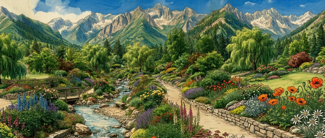 Garden path with colorful flowers and a stream, snow-capped mountains in background